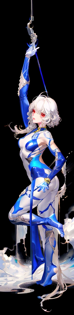 white髪の女性, {alone} ,{{{Looking at viewer}}},{{{You can see the toes}}},Concept Art, White Background, Simple ground,Short wavy white hair,Shoulder length perm hair, {{{Description of the whole body}}} , {{{It is drawn up to the feet}}},Space suit-inspired clothing、Highest quality, masterpiece,Cowboy Shot, Looking_return,Acrobatic pose,young,20 years old, white,Circus member, Beautiful big red eyes, smile,young透明_returnground, returnlighting, White Background, High resolution, Very detailed, information,Short,8K,Official Art,Anatomically correct