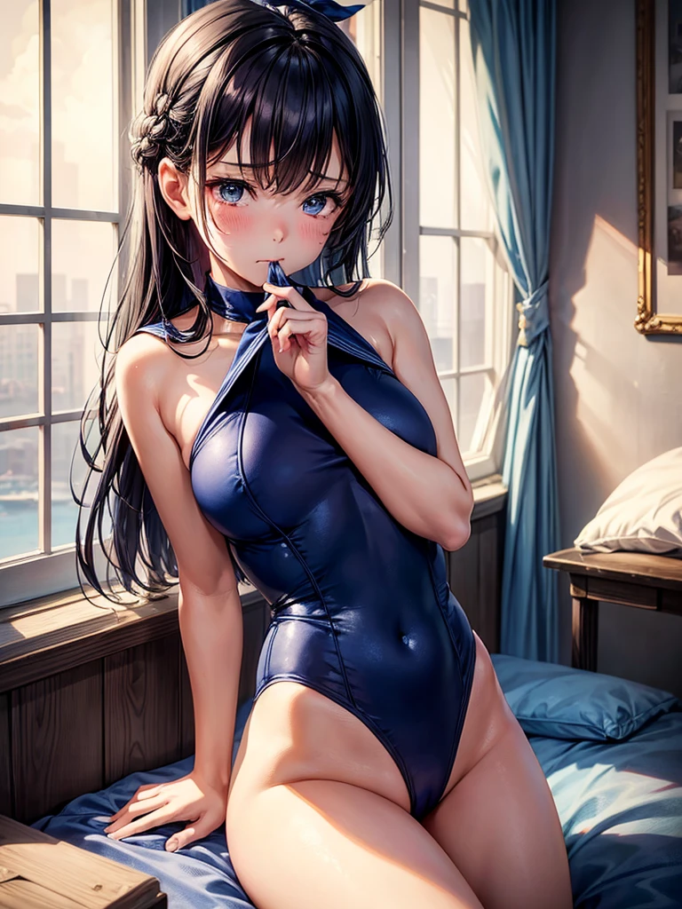 Highest quality,High resolution,A beautiful girl in a navy blue sailor leotard sits crying, drooling with her fingers in her mouth,