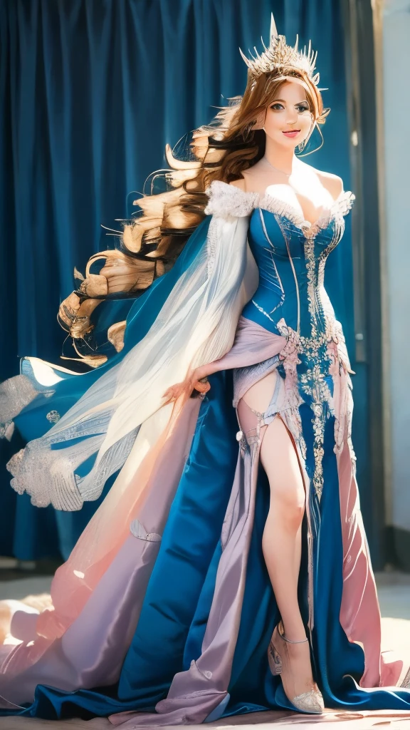 The princess stands before you, clad in an armor of ice that transfigures her into a true queen of the snowy realm. Each armor piece is a frozen masterpiece, crafted with painstaking precision. The shoulder pads exhibit ice spikes, acting as chiseled defenses that glisten with reflected shades of blue and white. Intricate designs of frosted crystals embellish every surface, presenting a mesmerizing display that seems to sway under the light. Translucent plates shield her chest, akin to living glass, reflecting and scattering light into a myriad of shimmering tones. Delicate ice pendants dangle from her armor, emitting a soft,