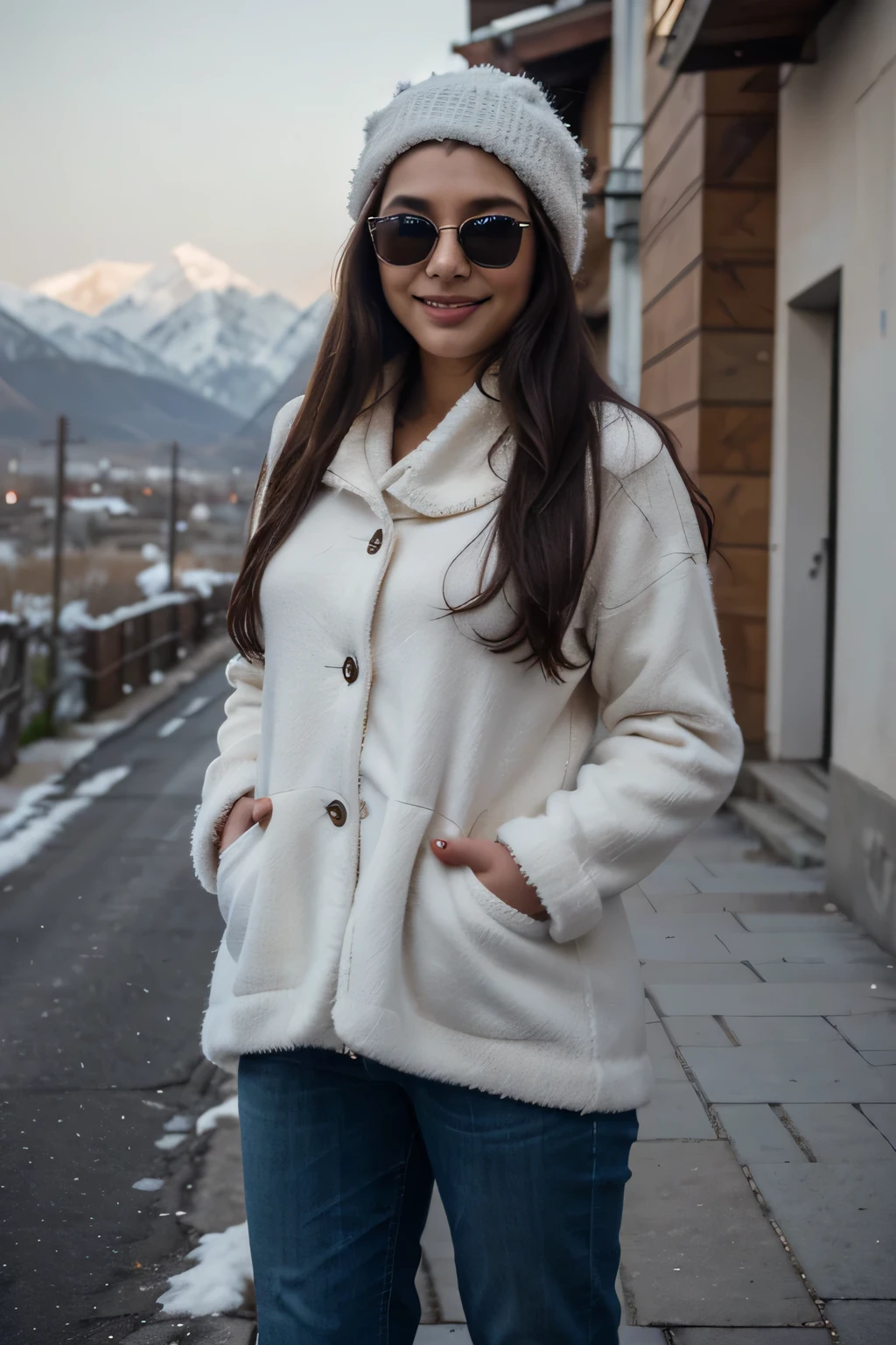 A 21 year old beautiful Indian girl with long hair smiling face beautiful eyes wearing a winter dress and jeans pant cold cap on head standing in a street between mountains very cold weather mountain in the background wearing sunglasses in eyes 