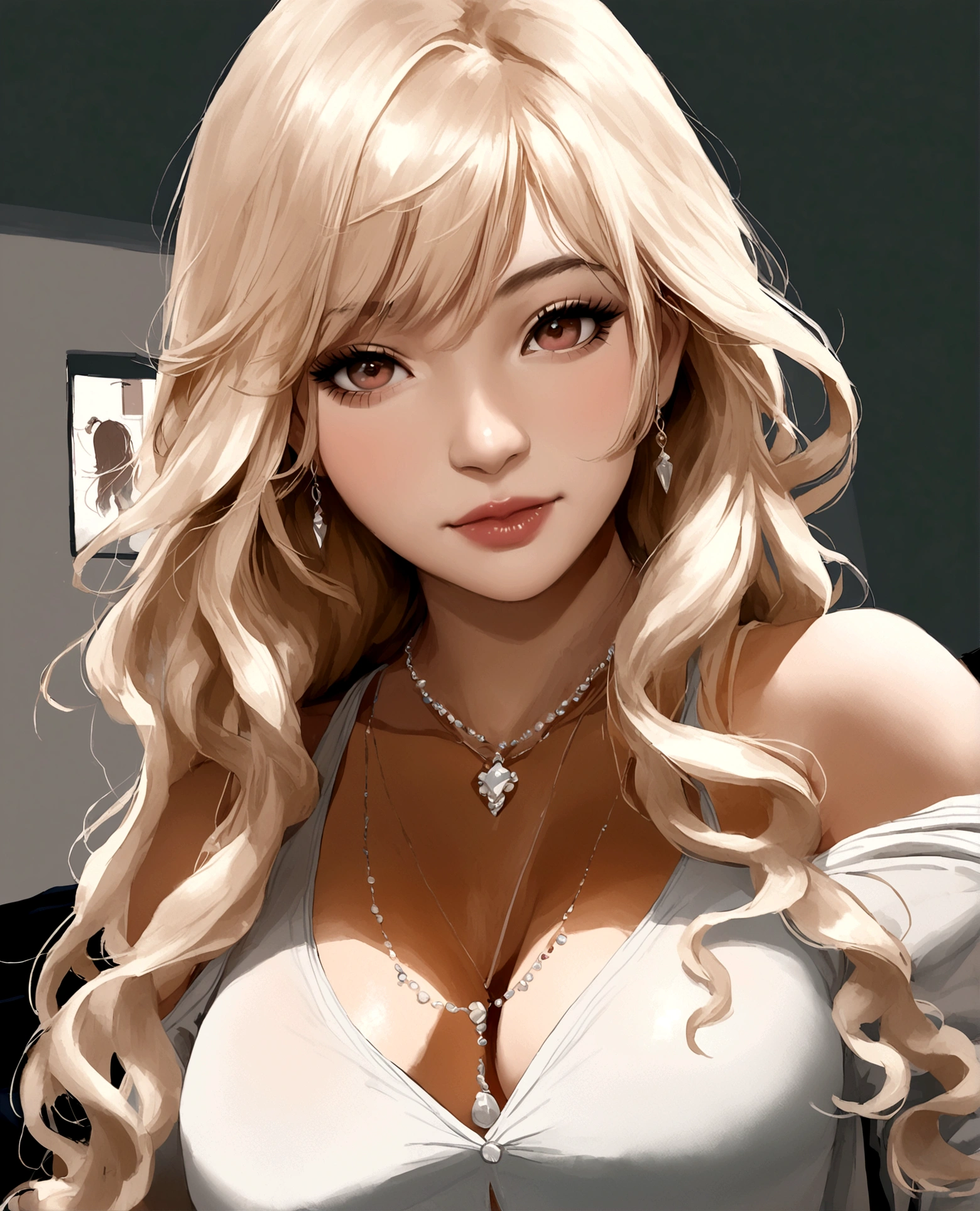 1girl in, 19, Solo, Long hair, Colossal , Looking at Viewer, blondehair, Bare shoulders, Brown eyes, jewely, Full body, a necklace, off shoulders, Sweaters, Realistic, A sexy