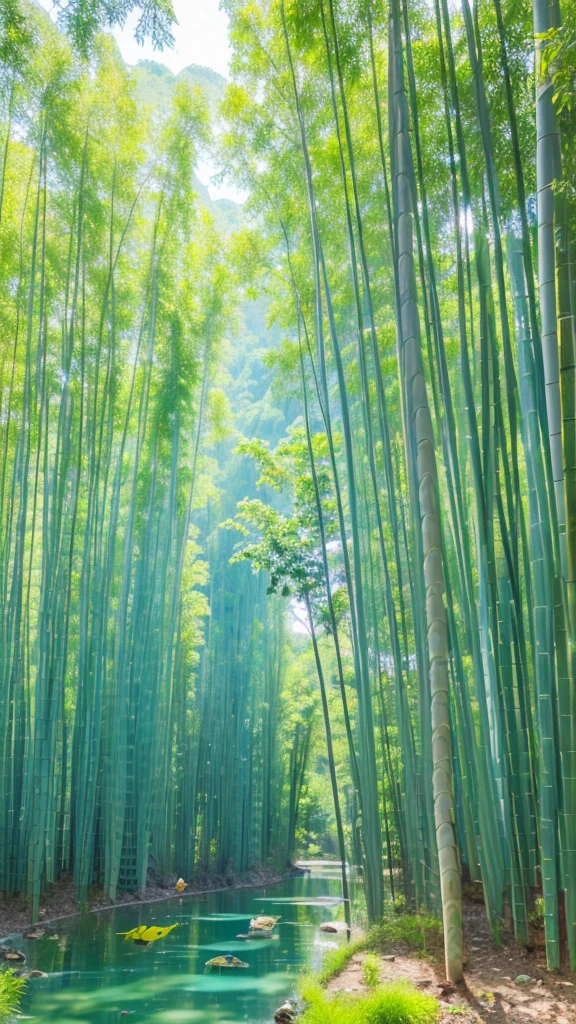 A bamboo forest and endless fields, Colorful birds flying gracefully in the sky, Background is medium sun: Traditional Ink Painting Additional Details: A peaceful river flows through the fields, The breeze rustled the leaves, Sunlight shines through the bamboo forest, Small insects buzzing around the flowers.

Picture quality: (best quality, 4K, high resolution), Extremely detailed, Realistic art style: Color scheme of traditional Chinese landscape painting: Green shades of bamboo, Contrasts with the colorful feathers of birds. Sky and water in soft blue hues.

light: Soft, Natural sunlight illuminates the scene, Casting a faint shadow among the bamboo forest.