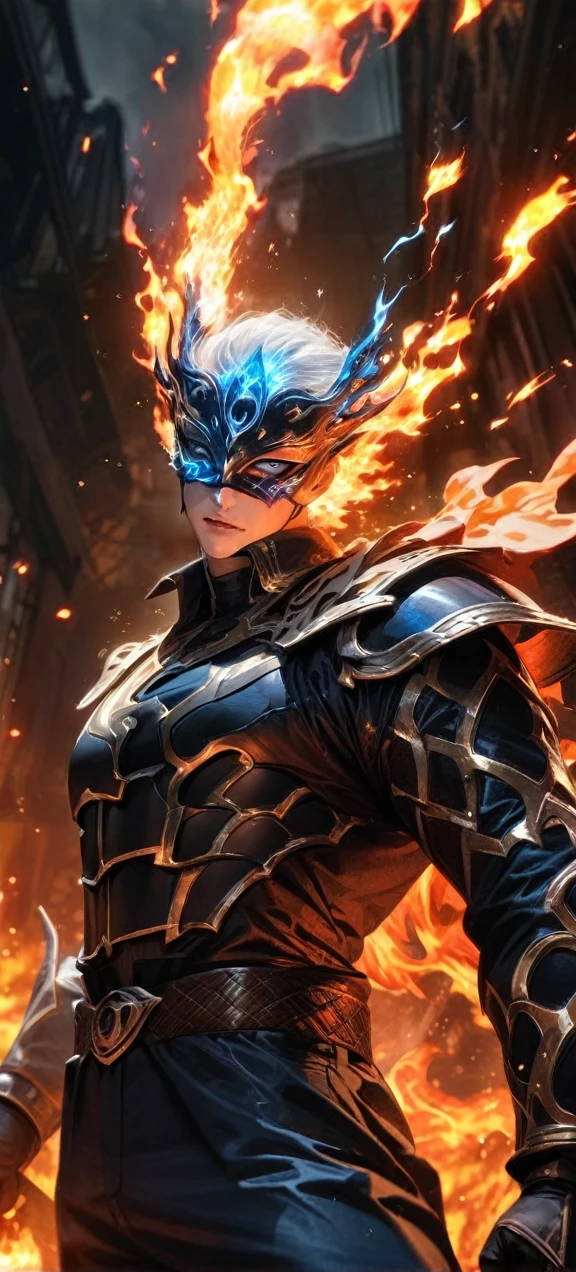 High quality, ultra realistic,absurdres, highres, ultra detailed, HDR, masterpiece, extremely detailed face and eyes, firebringer , cool mask , Saint Saiya , Dark fire Armor, solo, ,man, handsome, ,white eyeleshes, black eyes , villain expresion, fire splashing effect, fire lightning effect,glowing glitters , symetrical , , fire, flaming effect