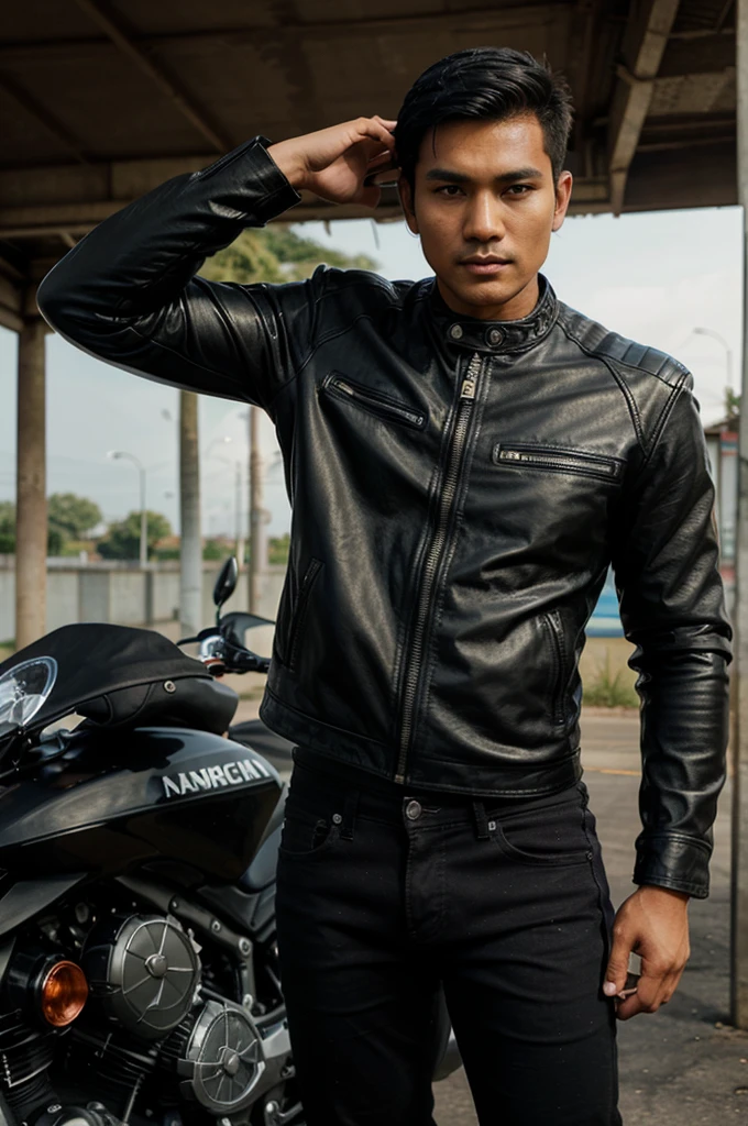 A handsome Indonesian-looking man wearing a black leather jacket and black jeans. His hair is short and cropped. Riding an N brand motorbike.The MEX engine has a rather big motorbike. Photo quality looks really clean and clear.
