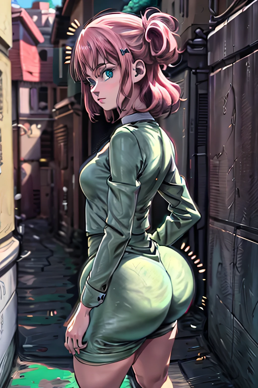 D-art Style, @18dart3, d-art, 1girl, solo, ((((((!!, ??)))))), (((portrait shot))),, looking at viewer, green eyes, long pink hair, from behind, from above, huge ass, background: city alleyway , Christmas tree,