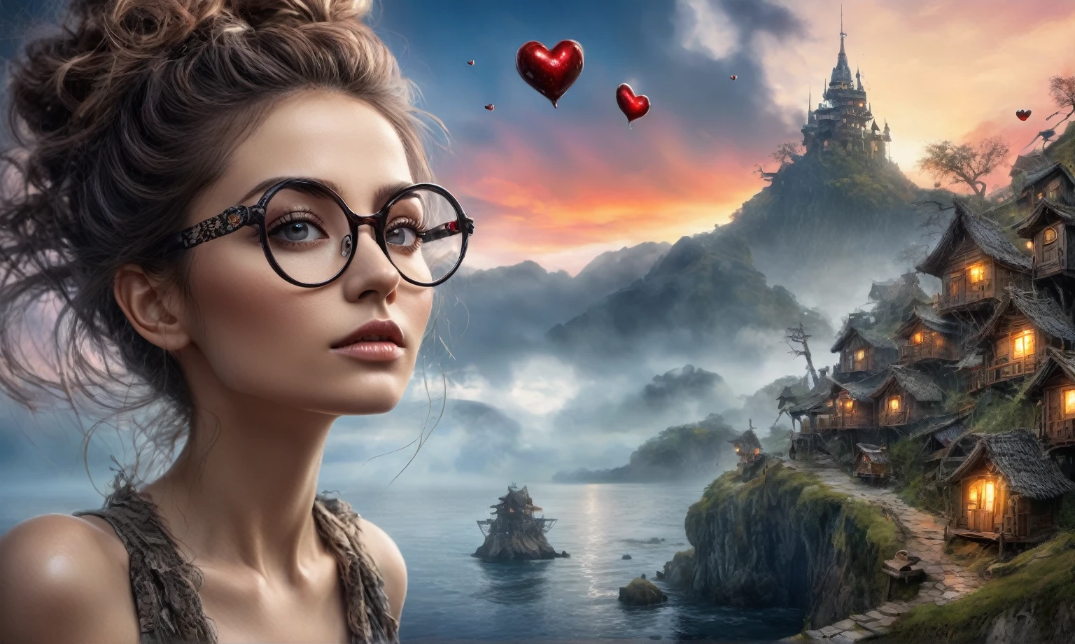 omeone wrote a notepad with a heart on it and a pair of glasses, notebook, large)}], cutie, [ forgetful ], fanart, special, doodle, [ realistic photo ]!!, [ [ hyperrealistic ] ], cute, on a notebook page, colored, wallpaper”, beautiful image, you're something special, childhood memory, beutiful, header text”,view from height,full-body-shot,niobium Moana, sassiness temper,natural skin textures, hyper realisitc, hyper detailed,Extremely detailed,High contrast, ,Realistic,Ultra Detailed,intricate details,realistic humid skin,extremely intricate,Epic Realistic, Romantic, cinematic style,irina yermolova, messy hair,luminous eyes,extremely detailed,masterpiece,intricate details,faded,eyes extremely detailed, high detailed eyes,32k resolution, Nikon Z9,orc's village of fishers on National Park,full body length,ominous landscape,flying islands on background in dangerous atmosphere,intricate details,realistic humid skin,extremely intricate details,anatomically correct,faded,eyes extremely detailed, high detailed eyes,UHD,Retina,HDR,natural skin textures, hyper realism, hyper detailed,High contrast,Realism,Ultra Detailed,irina yermolova,close full body shot, masterpiece,faded,32k resolution, Nikon Z9,sunset, a Tim Burton-inspired dreamscape,Bun Hair,(Folk clothes:1.5),Mestichino,Light particles,marble leather 
