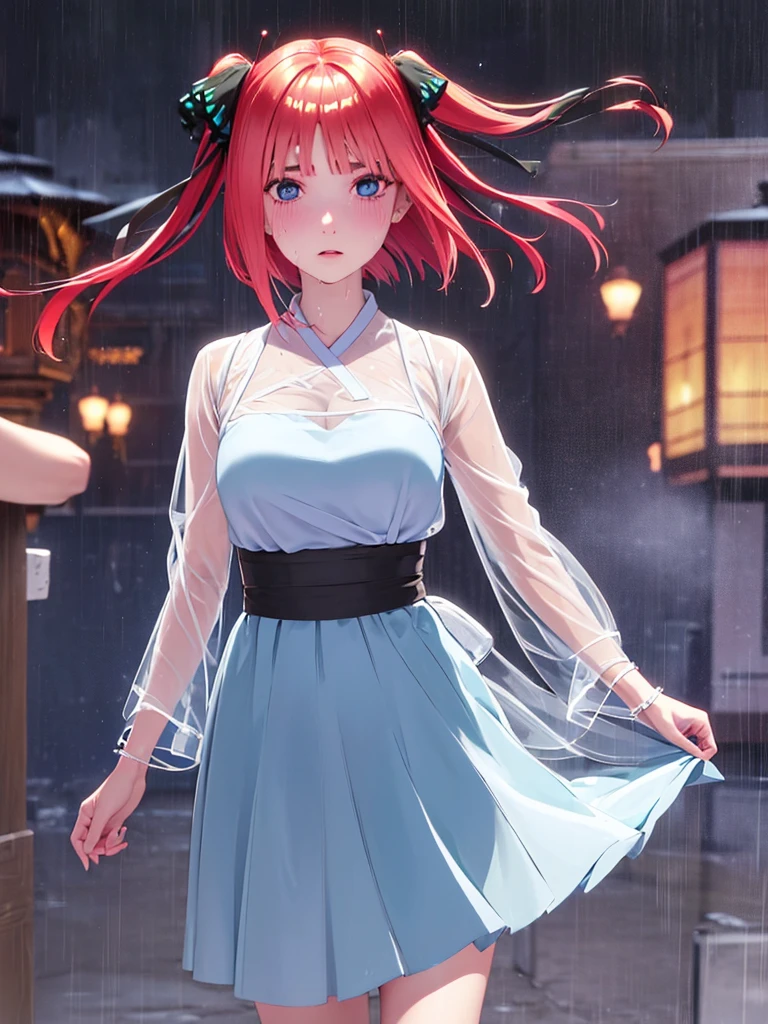 Nino　nanaco、short hair, Twin tails、Pink Hair、 blue eyes, hair ornaments, Hair Ribbon, blunt , Both sides up, butterfly hair ornaments, skirt,Off the shoulder、Random color see-through kunoichi costume、Japanese see-through female samurai costume、See-through female ninja costume,, Open clothes, Collared dress emphasizes cleavage、胸の谷間のSweat is noticeable、Professional lighting light reflection、 looking at viewer, (masterpiece:1.2), Highest quality, High resolution, unity 8k wallpaper, (figure:0.8), (Beautiful fine details:1.6), Highly detailed face, Perfect lighting, Highly detailed CG, (Perfect hands, Perfect Anatomy),heavy rain、heavy rainで全身びしょ濡れ、heavy rainで全身びしょ濡れの服、High heels、 ((Perfect handsの形))、(Perfect foot shape、Embarrassed expression、blush、Gestures to seduce a man、Shining Sweat、Perfect Skin,Sweat is noticeable、太もものSweat is noticeable、 Fair skin,Tight waist, Sweating profusely、Sweaty hair、Sweaty clothes、Sweaty、Visible sweat、rain-wet hair、A vast Western church with stained glass windows