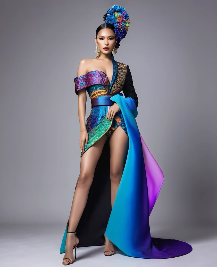 Beautiful sexy  woman, beautiful avant garde style, full length , beautiful clothes ,accessories , Thai suit collaboration with pride month, fashion design