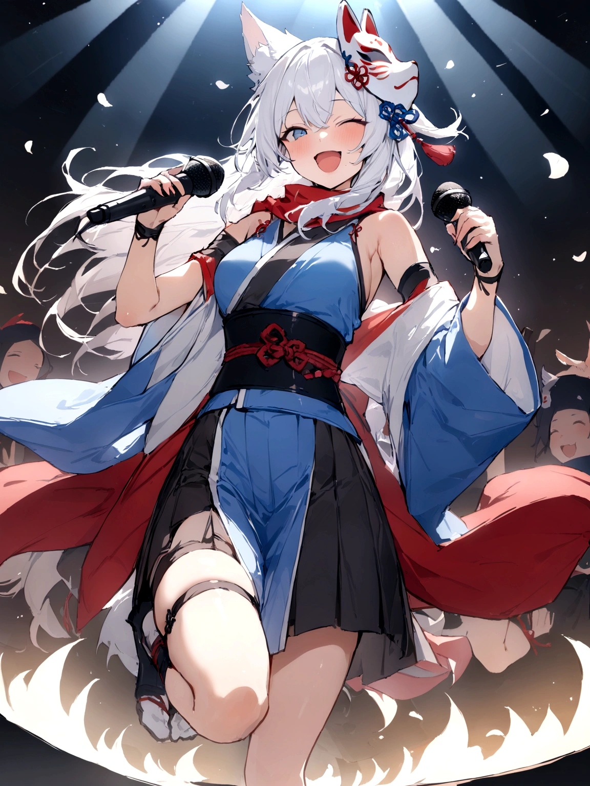 solo、shout、studio、recording、smile、Wink、microphoneを持ってshout、Enthusiastic singing、Visible valley、口を大きく開けshout、Sing a song、microphone、(masterpiece, best quality:1.2), 1girl, 独奏,Wolf girl, fox mask, ninja, girl, long white hair, odd eyes, blue kimono, ninja girl, red and blue scarf, fantastic atmosphere.ht、Singing on stage、microphoneを持ってshout、、Aside exposure、Black fox mask、Shining Spotlight