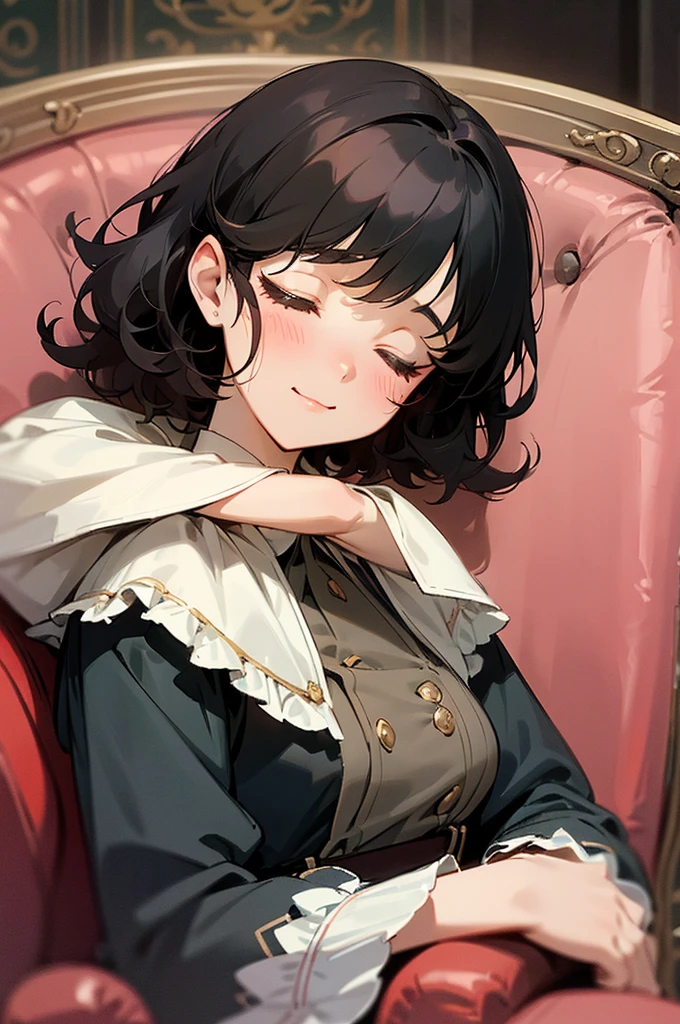 a cute girl, gorgeous face, has a sleepy look, a soft expression and a sleepy aura, she is smiling a little, curly short hair, black hair with red highlights, sleepy gray eyes, wears a military outfit from the Victorian era, she is resting in an armchair, small breast, anime style.