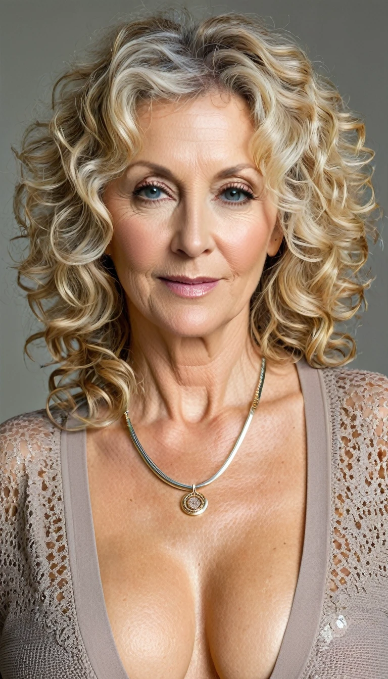 Photo of a mature European woman, 50 years in all, A MILF, pretty face, curly blonde hair, no good, visible nipple, The fold, old, necklace, Neutral Colors, ,size, round breasts, large cutout, see-through clothing, Sheer Cardigan Sports Bra, naked detailed
