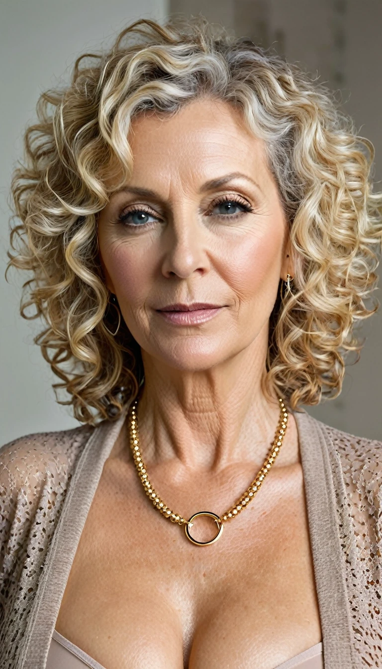 Photo of a mature European woman, 50 years in all, A MILF, pretty face, curly blonde hair, no good, visible nipple, The fold, old, necklace, Neutral Colors, ,size, round breasts, large cutout, see-through clothing, Sheer Cardigan Sports Bra, naked detailed