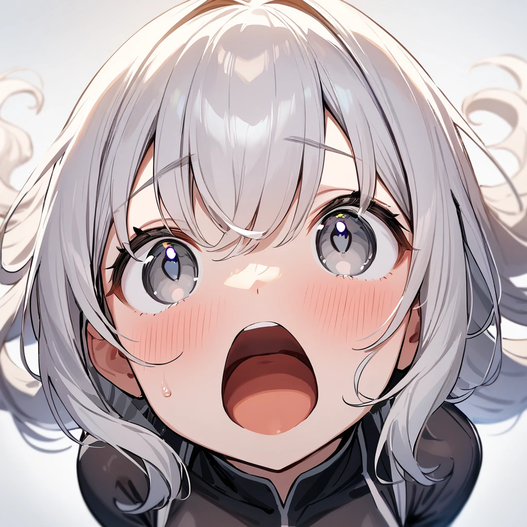 1girl,looking up,pov,From above,long hair,White hair,grey eyes,shiny hair,breasts,masterpiece, best quality, very aesthetic, absurdres,upper body,front view,face focus,open mouth,(heart censored)