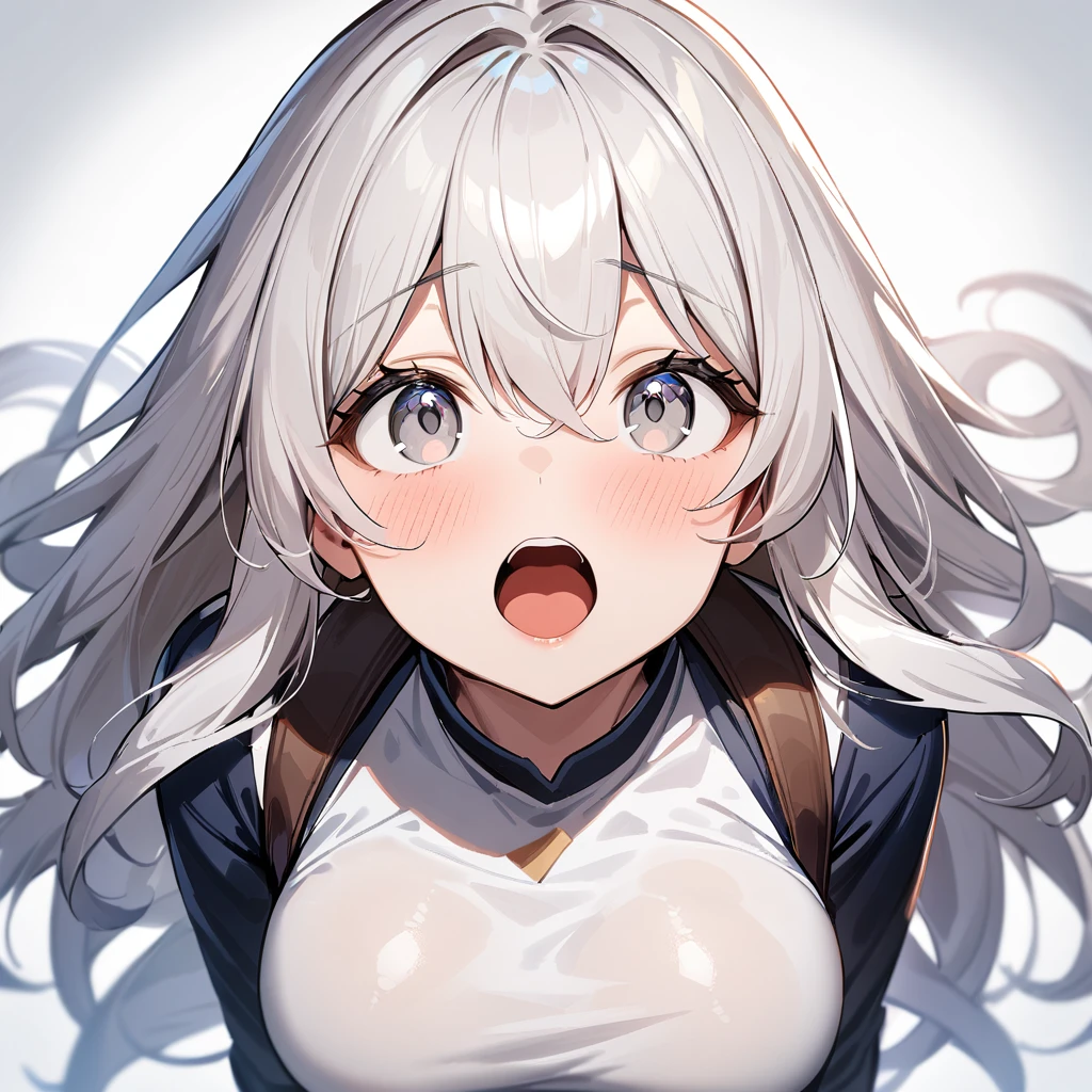 1girl,looking up,pov,From above,long hair,White hair,grey eyes,shiny hair,breasts,masterpiece, best quality, very aesthetic, absurdres,upper body,front view,face focus,open mouth,(heart censored)