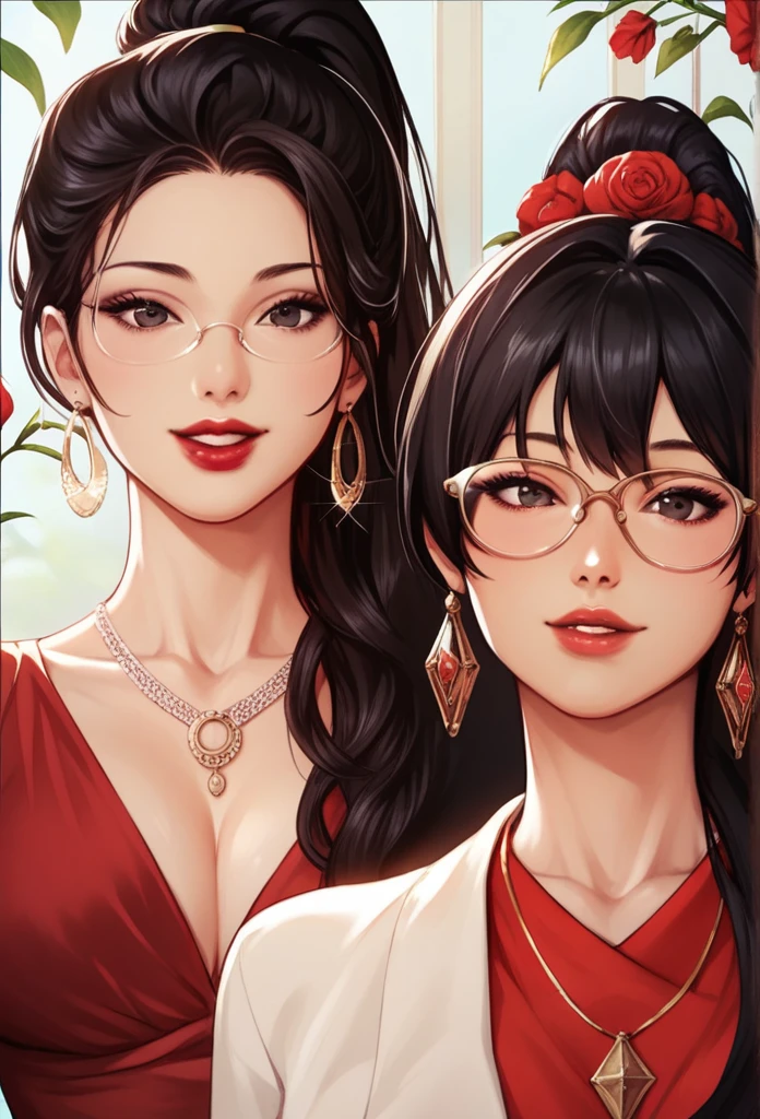 Hot sexy beautiful women , perfect body, detailed lips rings ,black  hair,black eyes, wearing white sun glasses , detailed , big chandelier earrings , alluring face, smiling, necklace , red lipstick ,hair ponytail ,red flowers brochure,red gown