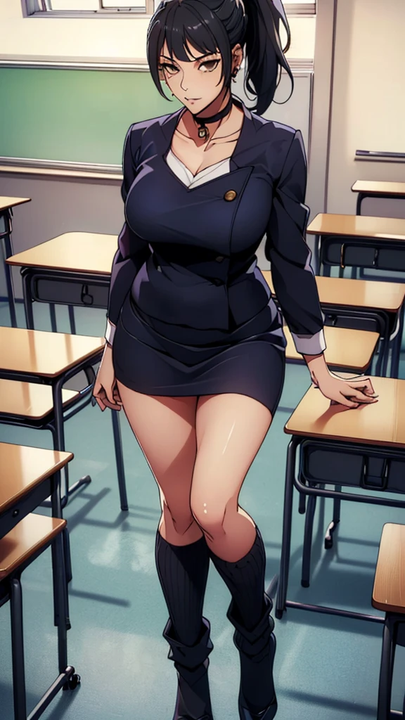 (((Highest quality, High resolution, , Pixel Perfect, 4K))),((Correct Anatomy))、((Sailor suit))、(((School classroom))), ((Highest quality)), ((intricate and detailed)), ((Black knee-high socks)), ((Mini Pleated Skirt))、irrational solution, Mature Woman, Mature Woman, perspective, Very detailed,(((Full Body Shot)))、Great style、(Long Hair)、glamorous、Sailor suit、mini skirt、black tights、(((The whole body is visible))), One Woman, ((ponytail)), Perfect hands, Detailed fingers, Beautiful details,  Black Choker, Earrings, Black Stockings, Perfect Eyes, Captivating eyes