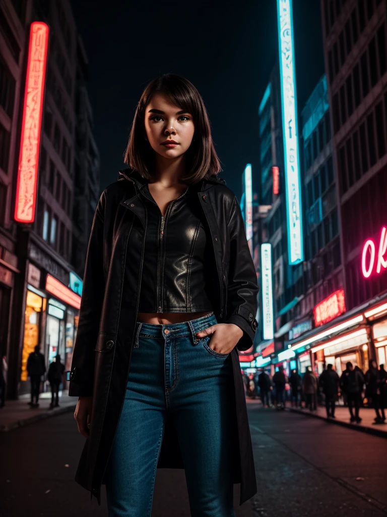 Portrait of emb-haiz，Beautiful bright face，Cyberpunk city by night，She was wearing a dark open coat，Black jeans，Dramatic Lighting，photography，4K,Ultra-fine details