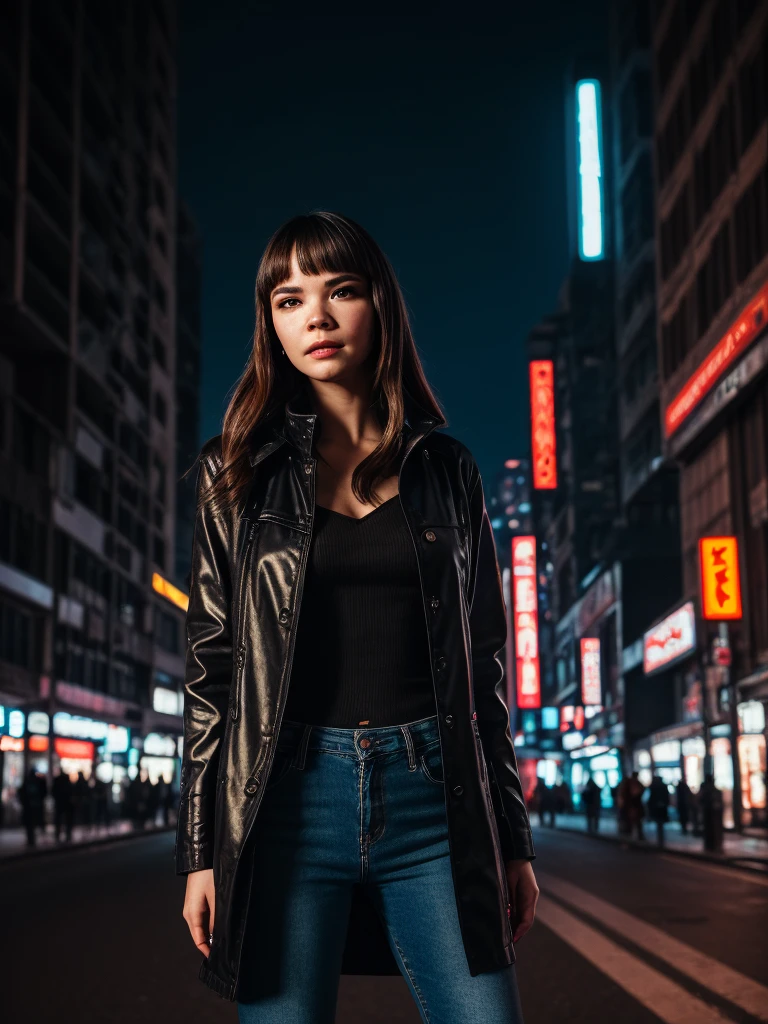 Portrait of emb-haiz,Beautiful bright face,Cyberpunk city by night,She was wearing a dark open coat,Black jeans,Dramatic Lighting,photography,4K,Ultra-fine details