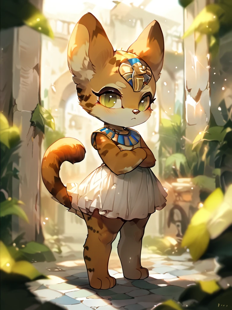 score_9, score_8_up, score_7_up, furry_font, 1 girl, alone, full body, Standing, arms_crossed, spread_legs, looking_at_viewer, eyes_\(animal_CROSSING\), (chibi:0.6), sandstone floor, sandstone wall, Egyptian tomb, interior , mini dress, big ass