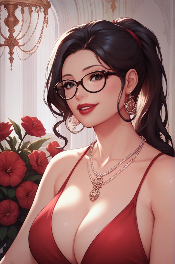 Hot sexy beautiful babe , perfect body, detailed lips rings ,black hair,black eyes, wearing white sun glasses , detailed , big chandelier earrings , alluring face, smiling, necklace , red lipstick ,hair ponytail ,red flowers brochure,red gown