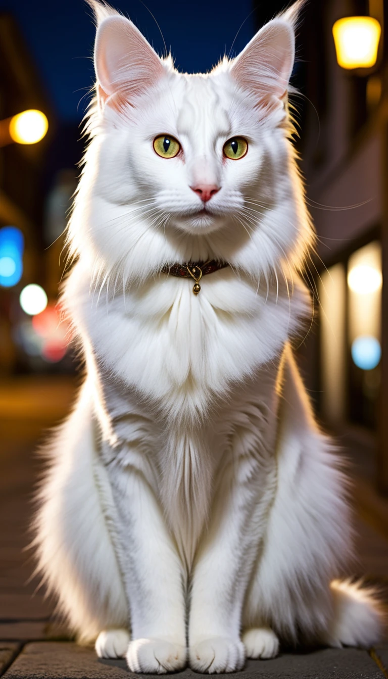 There is no one, realistic photo, photo realism, realism, Turkish Angora (Turkish Angora) cat, perfect composition, intricate details, Very sharp, masterpiece, profile, high resolution, looking at the viewer, full body photo in city night view