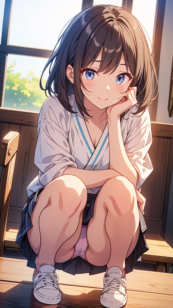 (Browsing Caution:0.99)、beautiful girl, (Roll up your skirt), Looking into the camera, Angle from below, Short skirt, Squat, A shy smile, Japanese , Beautiful Skin, ((Highest quality, 16K, Tabletop: 1.3)), 1 Girl, The light shines on your face, Highly detailed face, Highly detailed lips, Beautiful Eyes、Realistic Skin、Cute design panties、shaving、Various Hair Styles、Different color uniforms、Natural clothes、Vans Sneakers、bite、Detailed panties