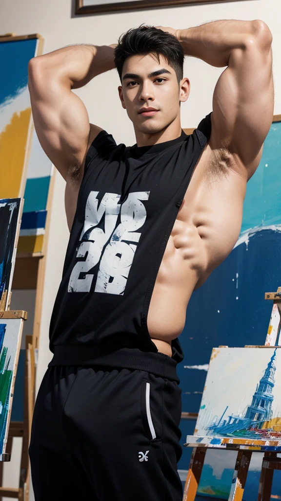 Male, handsome, young, (((gigantic pecs:1.1))), (stretch clothing:1.2), ((painter)), cheerful face