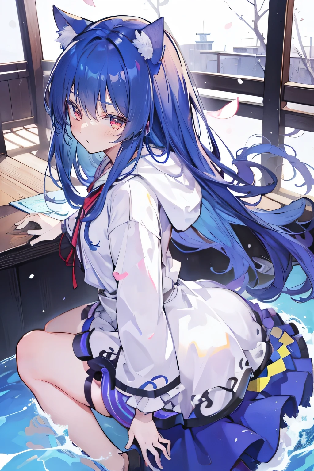 (masterpiece:1.2),Super detailed,lifelike,Expressive eyes,fair skin,perfect face shape,1 girl,
Japanese comics,Gorgeous blue hair,flowing blue hair,flowing clothes,Cat ears,Petals fall,beautiful lola,Baby Angel,
Shaking head with one hand,Cross your legs,Gentle and peaceful background,The pavilion is cool and comfortable,smile, wearing hoodie, background of tokyo,back views,snowing, winter.