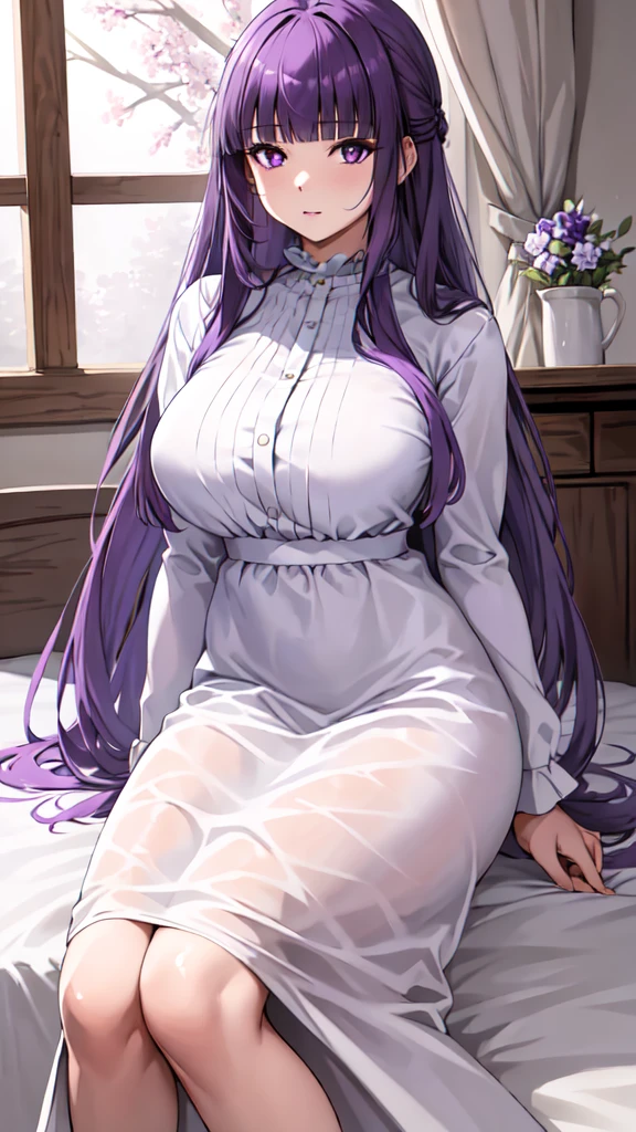 masterpiece, Highest quality, High resolution, Arfern, Long Hair, Purple Hair, Blunt bangs, Purple eyes, Large Breasts, Long dress, White Dress, Long sleeve, Sitting,arms behind head, Bedroom,Puffing one’s cheeks, Cowboy Shot,