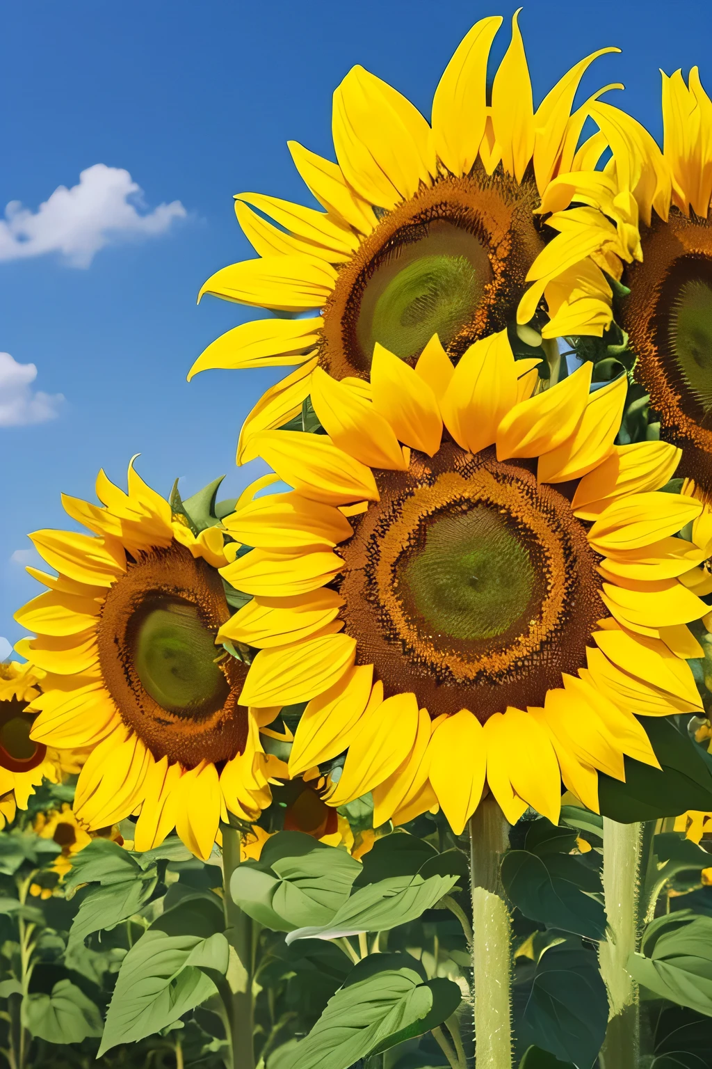sunflowers with leaves on white background, Sunflower flowers, sunflower, sunflower background, More detailed illustrations, Stock Illustration, sunflowers, Clip art, Hot and sunny highly detailed, color : yellow sunflowers, color: yellow sunflowers, Highly detailed illustration, 周りに黄colorい花が咲いている, 1024x1024, sunflowers in the background