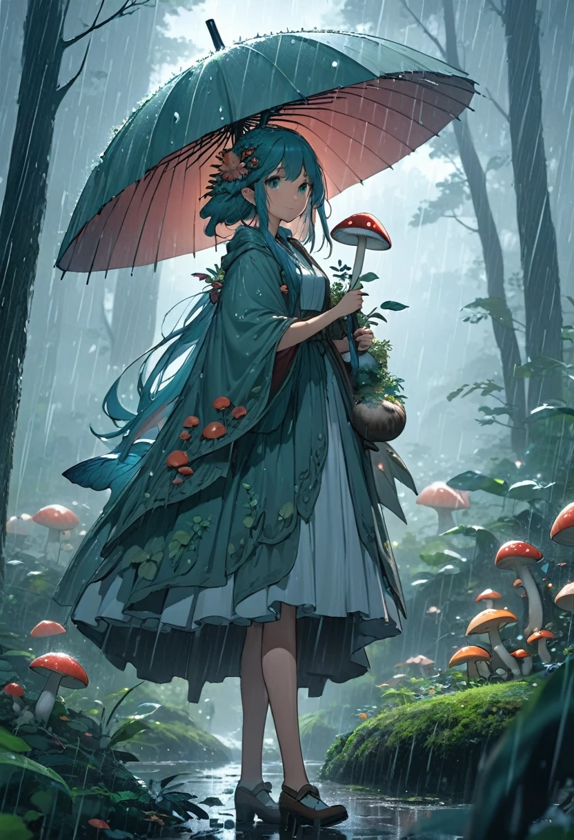 detailed, 8K, Movie angle, in the rain、A fairy woman holding a mushroom umbrella stands in the forest。.