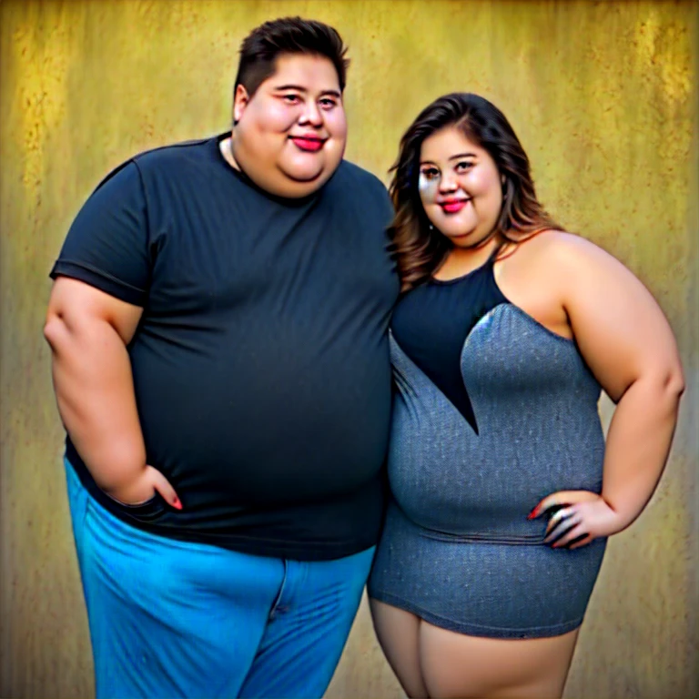 A friendly obese man and woman couple, photorealistic, 8K
