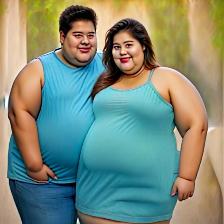 A friendly obese man and woman couple, photorealistic, 8K