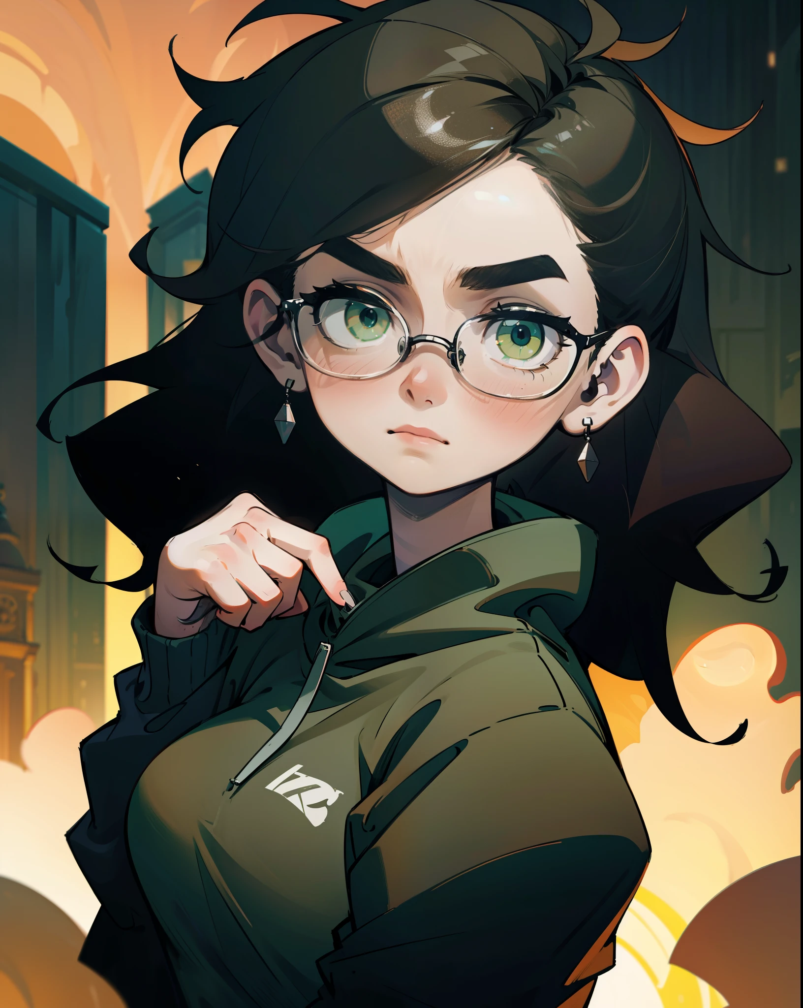 Best quality, volumetric lighting, cinematic lighting, masterpiece, ultra high res, 4k, (soft round detailed face), (sad expression), (detailed green eyes), bags under eyes, thick eyebrows, depressed, melancholy, (wearing rounded glasses), (very pale light skin), detailed black hair, ((long messy greasy hair)), (plain black hoodie), black stud earrings, black nail varnish, unwashed, unkempt, disheveled, sodium streetlamps, midnight, dark clouds, London, snow