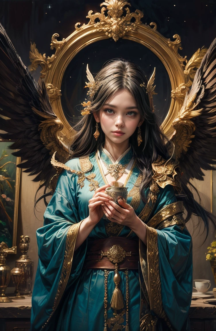 (Tabletop, Highest qualityの, Highest quality, Official Art, (beautifully、beautiful:1.4), (Oil painting:1.4) ),((male)) (Lucifer), 日本god話のgod様々々, Fleeting beauty, 星空に照らされるgod秘的な存在, Winged Angel、god'Grace, Calm and thoughtful expression, Flowing Heavenly Robe, Dazzling silver stars light up the night view, Dance of shadows and lights, Whispers of Ancient Legends