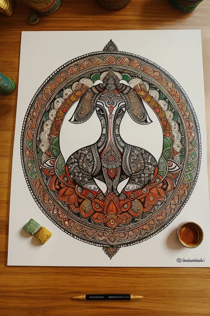 I want to draw a painting on cardboard. So the photo should be very clear and detailed. The photo should be of a white elephant (which is symbol of luck prosperity and happiness) and it should have some touch of buddhism too. Like lord budhha or lotus or something. It should also have evil eye or nazar symbol. Use of different colours is must. Patterns should be of madhubani or mandala art. Overall picture should be detailed, colourful, in rectangle format with length being longer than breadth. Indian traditional touch should be there along with buddhist values and elephant majesty and royalty