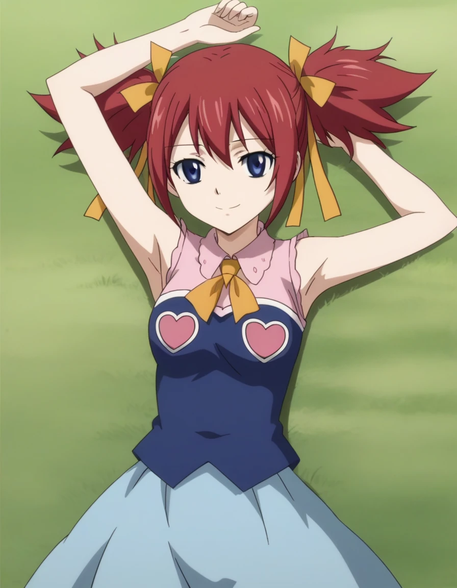 chelia_blendy, source_anime, rating_safe, intricate details, anime screencap, anime coloring, 1girl, solo, red hair, blue eyes, ribbon, hair ribbon, twintails, short twintails, looking at viewer, high quality, solo, lying, on back, arms up, spread arms, closed mouth, on grass, center, (cowboy shot:1.5), looking at viewer, suggestive smile, best quality
