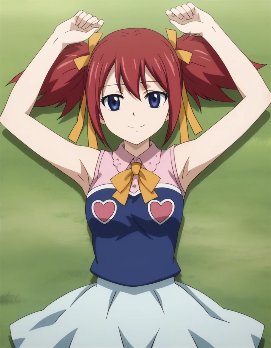chelia_blendy, source_anime, rating_safe, intricate details, anime screencap, anime coloring, 1girl, solo, red hair, blue eyes, ribbon, hair ribbon, twintails, short twintails, looking at viewer, high quality, solo, lying, on back, arms up, spread arms, closed mouth, on grass, center, (cowboy shot:1.5), looking at viewer, suggestive smile, best quality