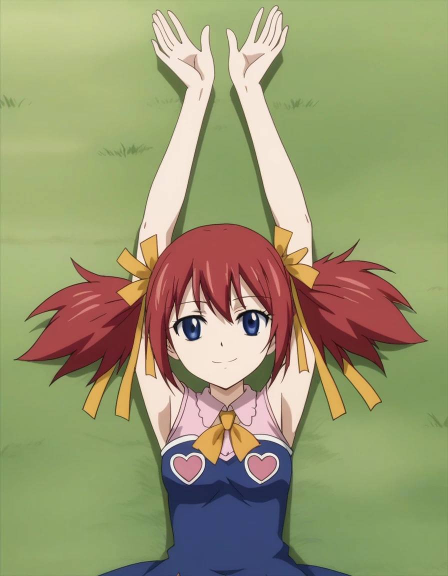 chelia_blendy, source_anime, rating_safe, intricate details, anime screencap, anime coloring, 1girl, solo,  red hair, blue eyes, ribbon, hair ribbon, twintails, short twintails, looking at viewer, high quality, solo, lying, on back, arms up, spread arms, closed mouth, on grass, center, (cowboy shot:1.5), looking at viewer, suggestive smile, best quality