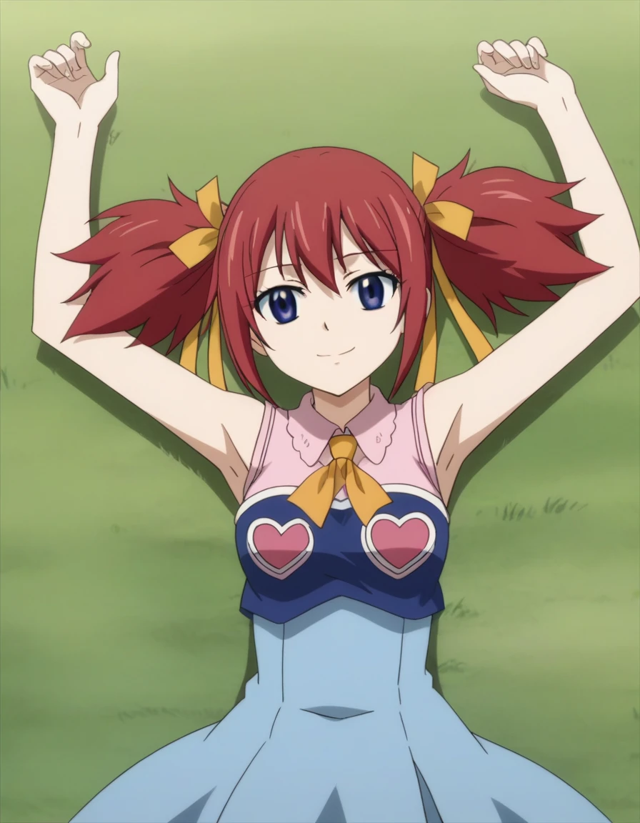 chelia_blendy, source_anime, rating_safe, intricate details, anime screencap, anime coloring, 1girl, solo, red hair, blue eyes, ribbon, hair ribbon, twintails, short twintails, looking at viewer, high quality, solo, lying, on back, arms up, spread arms, closed mouth, on grass, center, (cowboy shot:1.5), looking at viewer, suggestive smile, best quality