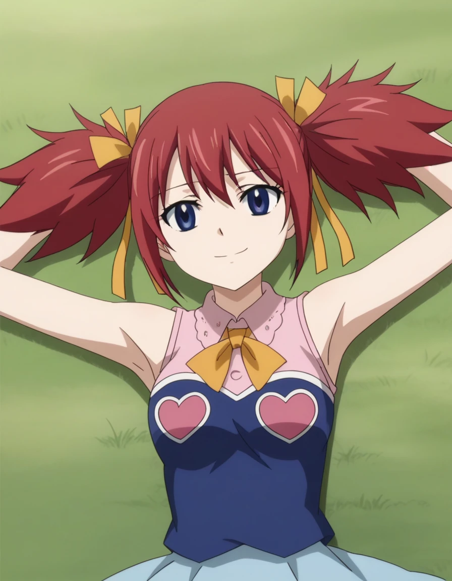 chelia_blendy, source_anime, rating_safe, intricate details, anime screencap, anime coloring, 1girl, solo, red hair, blue eyes, ribbon, hair ribbon, twintails, short twintails, looking at viewer, high quality, solo, lying, on back, arms up, spread arms, closed mouth, on grass, center, (cowboy shot:1.5), looking at viewer, suggestive smile, best quality
