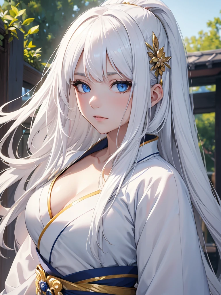 (8K, Best Quality, Masterpiece, Ultra High Resolution) 1 Girl, Woman, Beautiful Eyes, Face Details, White Hair, Long Hair, Flowy Hair, Blue Eyes, Pale Skin, Royal Kimono, White Kimono, Gold Details, Heavenly Palace, Best Quality, Upper Body, Looking at the Viewer, Facing Viewer, Close Up