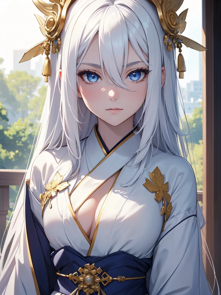 (8K, Best Quality, Masterpiece, Ultra High Resolution) 1 Girl, Woman, Beautiful Eyes, Face Details, White Hair, Long Hair, Flowy Hair, Blue Eyes, Pale Skin, Royal Kimono, White Kimono, Gold Details, Heavenly Palace, Best Quality, Upper Body, Looking at the Viewer, Facing Viewer, Close Up