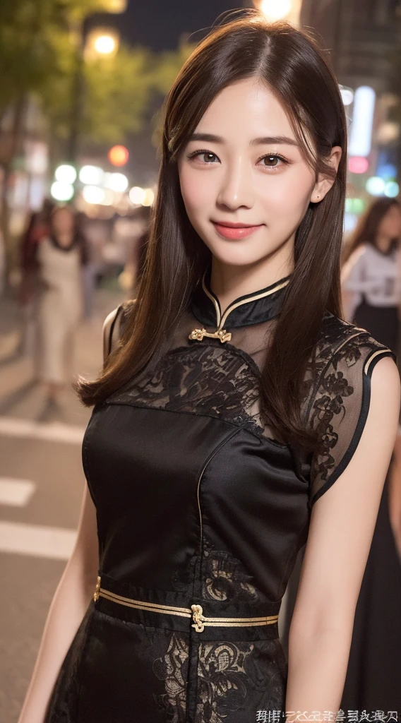 ((Top quality、8K、masterpiece、:1.3))、1 Girl、a smile、whole body、Thin face、Pretty Woman、(Dark brown hair)、qipao dress:1.1、Super detailed face、Delicate eyes、Double eyelids、Blurred background、Thin face、Night view、appearance、street、Raw,Back，walk，Raw,Back