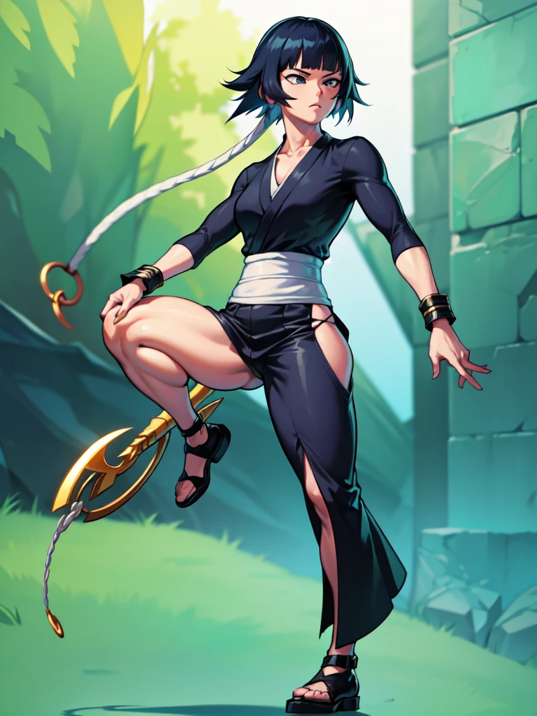 A beautiful, highly detailed full-body portrait of Soi Fon, a female anime character, standing in a simple background, masterfully rendered in 8K resolution, showcasing her fit physique, realistic details, and a normal standing pose, all in a SFW (safe for work) style.