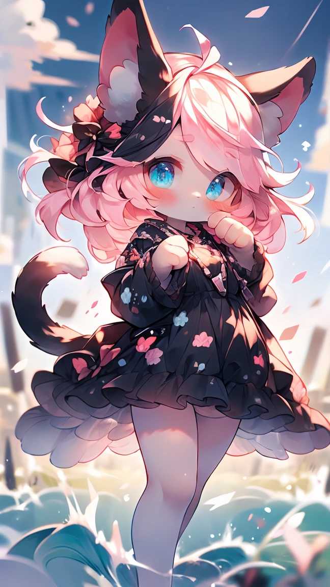 Extremely detailed, pretty, Fair, masterpiece, best quality, Calming color palette, A calm mood,White,White绒毛,Fluffy white ears and tail,blush blush,HD Wallpapers,16k resolution, Powerful blue eyes,hairy尾巴,Pink cat ears,Plush body,paw,hairy,浑身hairy,Long legs,blush,White迷你裙,Black Silk