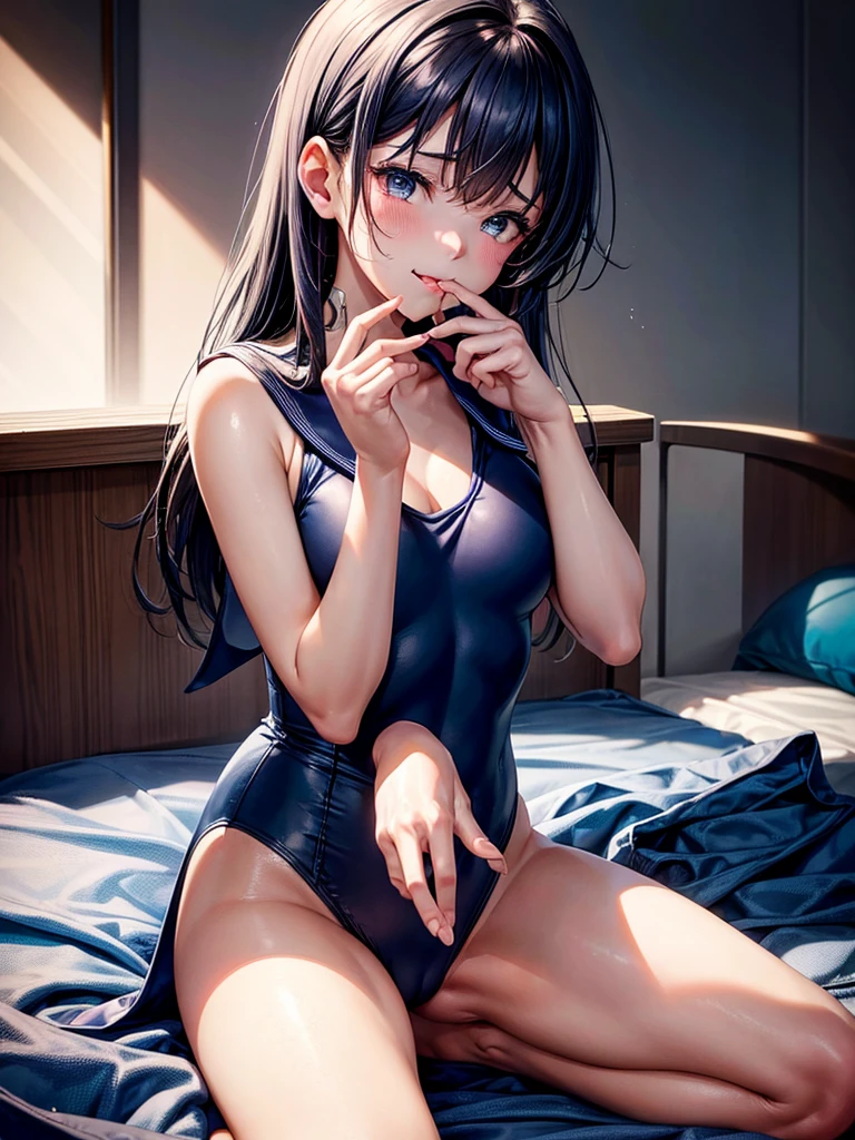 Highest quality,High resolution,A beautiful girl in a navy blue sailor leotard sits crying, with her fingers in her mouth, her tongue out, and drooling.,