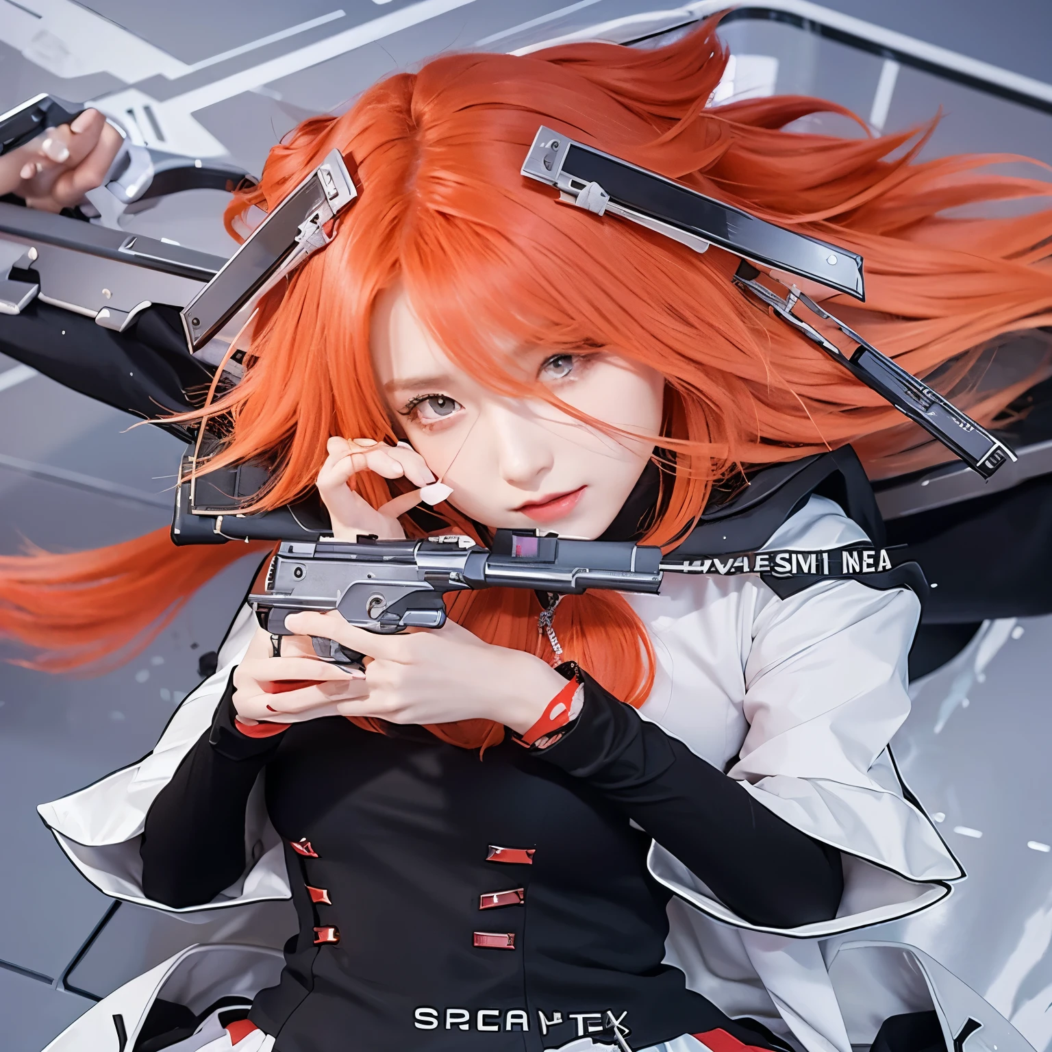 Beautiful girl with red hair and a black dress holding a gun, with index finger, from arknights, ayaka genshin impact, [[[[grinning evily]]]], ayaka game genshin impact, kantai collection style, pin on 