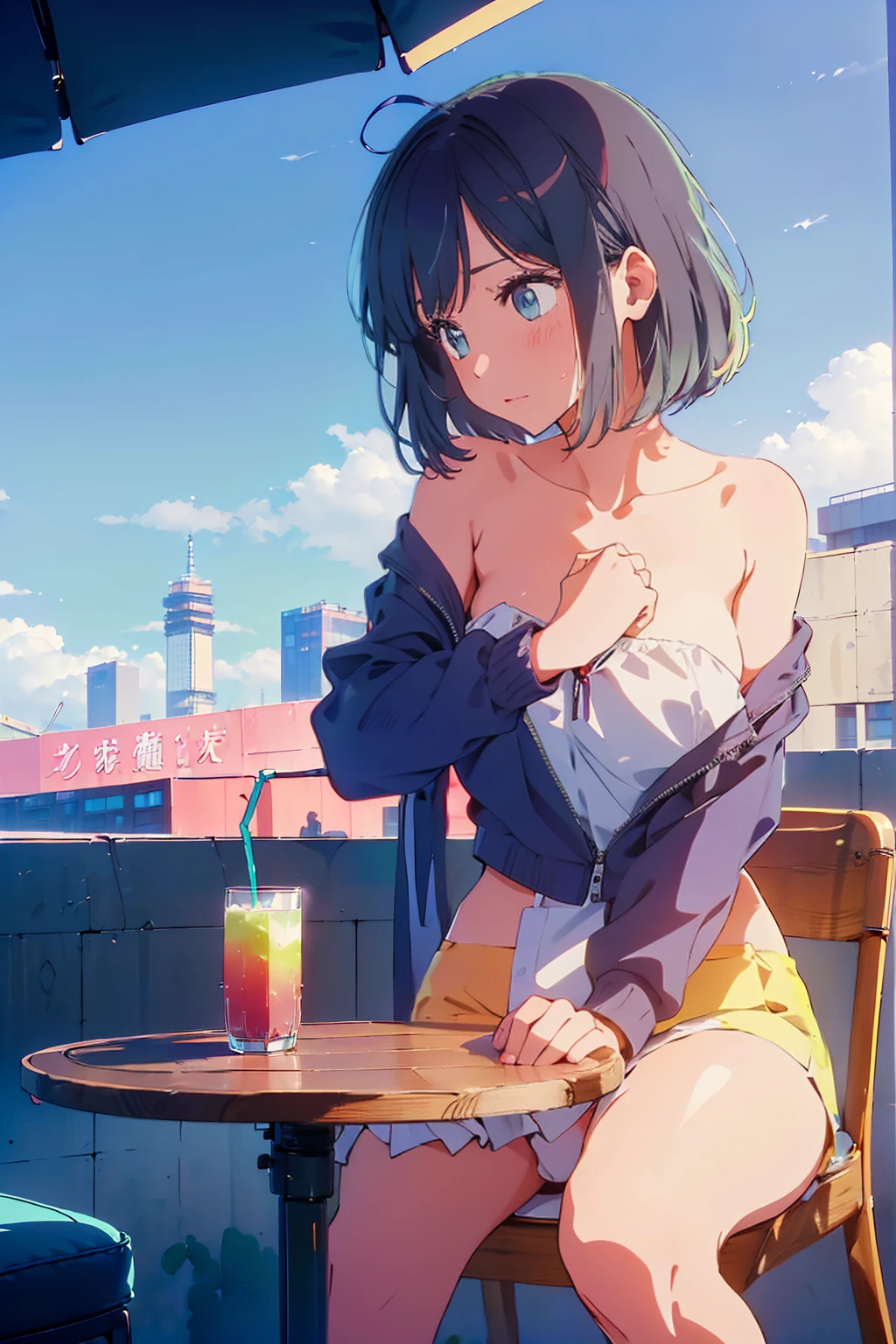 (Highest quality:1.4、8K:1.4、detailed)、F cup bust、Big Breasts、Slim body、Very white beautiful skin、((((1 person、Surprised expression、sit、Chair、In the background are the urban buildings of Tokyo、looking at the camera、Outdoor café terrace、Navy hair color、juice、Shooting from the side、table、Very cute face))))、((((nude、Areola))))、(Touching cheeks with both hands pose:1.4、Cheek resting on hand:1.4)、Off-the-shoulder zip-up jacket、Very blue sky、A completely cloudless sky