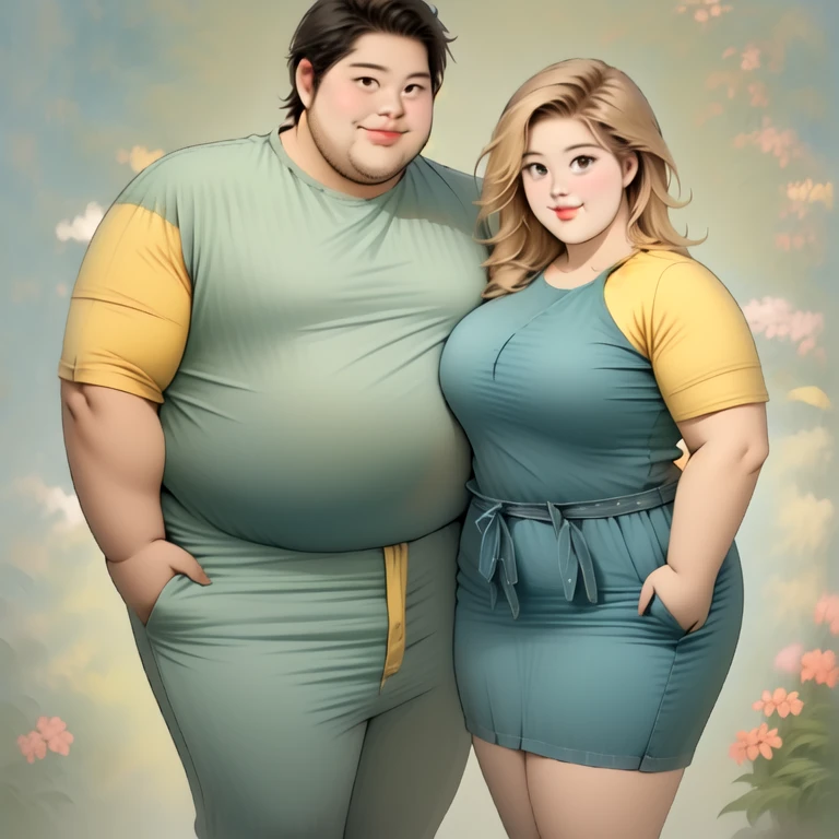 A friendly obese man and woman couple, holding tightly, photorealistic, 8K